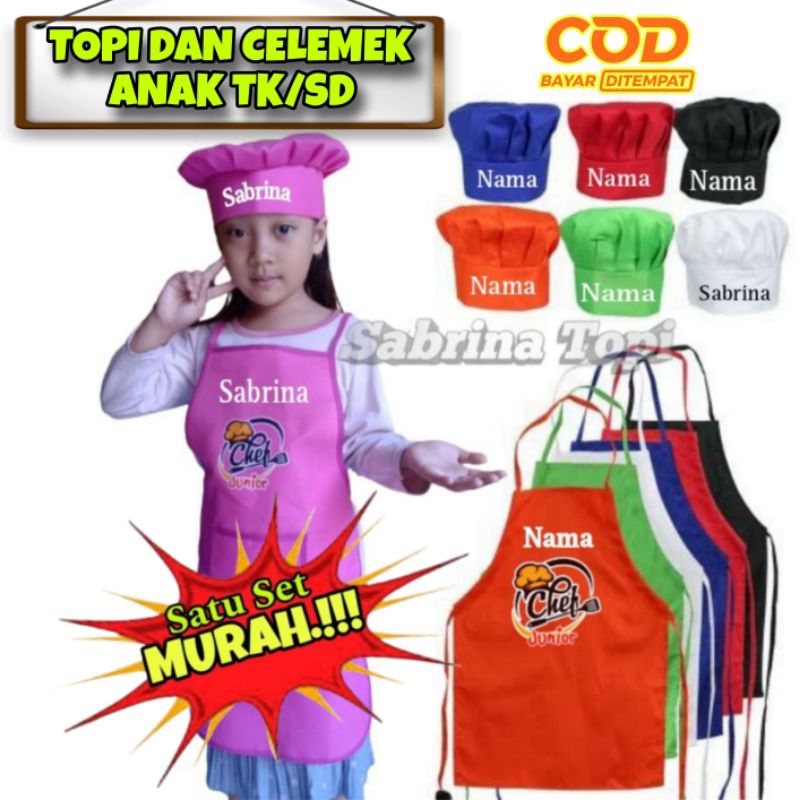Topi Koki Dan Celemek Anak free Bordir Nama/Celemek Dan Topi Anak  Chef free Bordir Nama