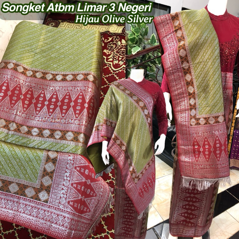 NEW Songket Atbm Limar 3 Negeri Exclusive Hijau Olive Silver/ Songket Tenun Mesin Palembang ilham So