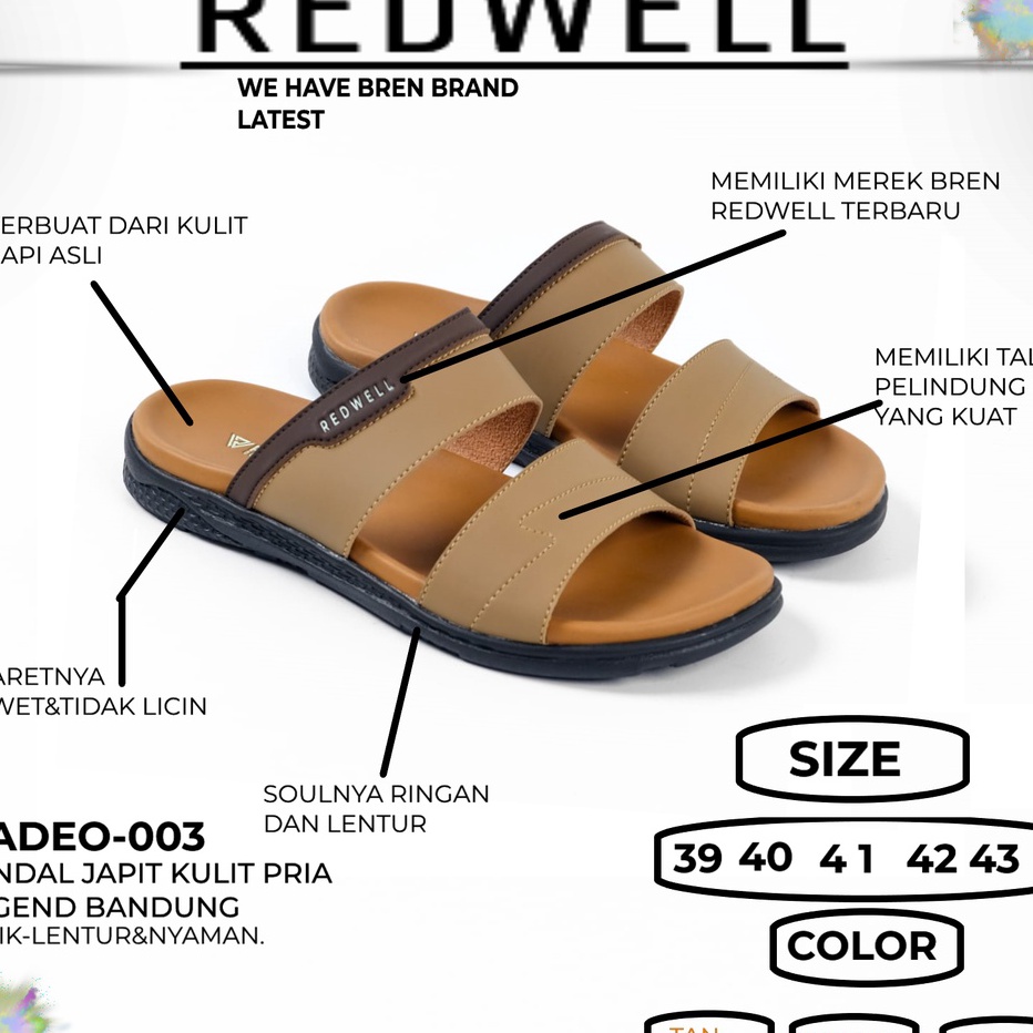 Sandal Jepit Pria REDWELLNADEO 3 Casual Size 39 4 41 42 43 Warna Hitam TANCOKLAT TUA Bahan Kulit Sap