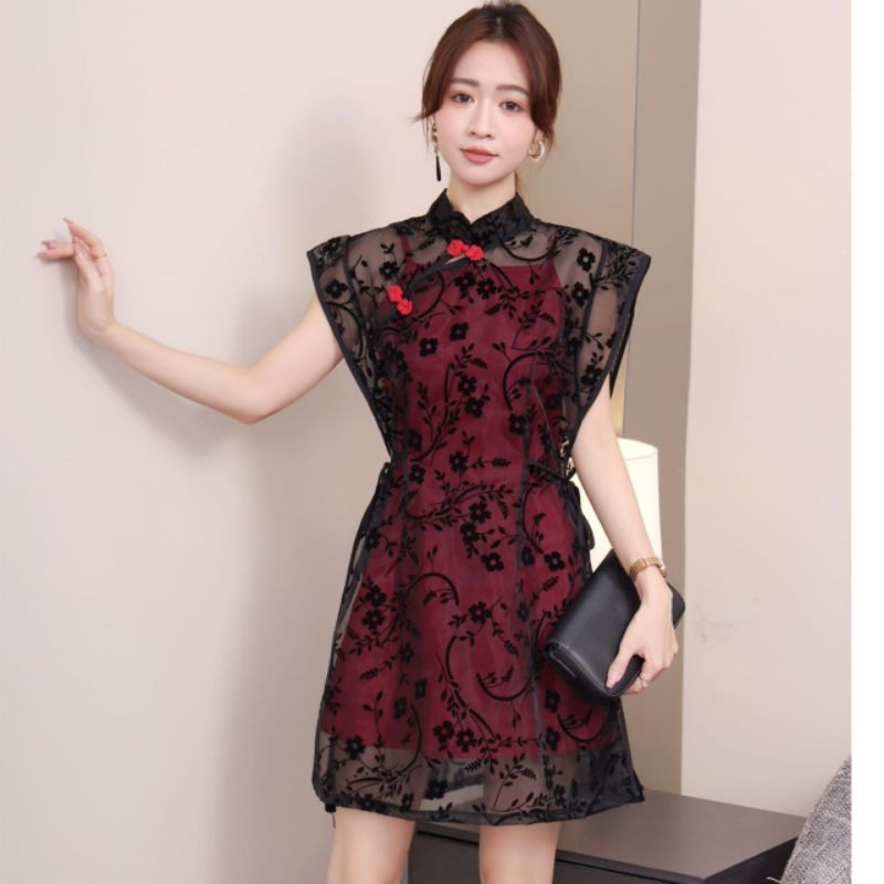 0577 Baju minidress CNY CHARMING CHEONGSAM MINI DRESS 2PCS SET luaran brokat Chinese New Year Imlek 