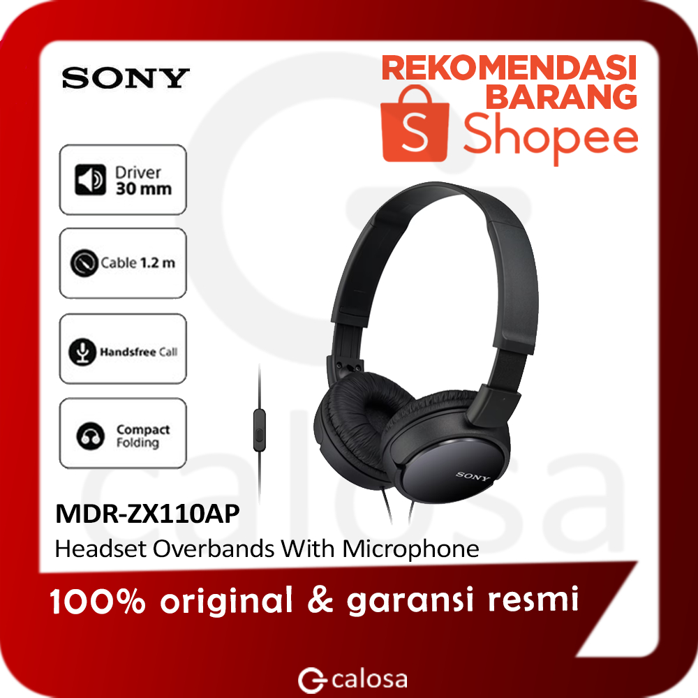 SONY MDR-ZX110AP Headset Wired Stereo Headphone with Mic Original Sony Resmi, Suara Bass Jernih, Des
