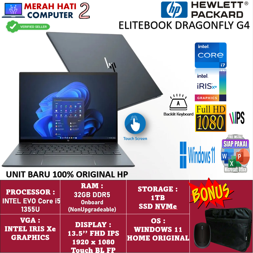 Laptop HP ELITEBOOK Dragonfly G4  INTEL EVO i7 1355U 32GB DDR5 1TB 13.5 FHD IPS TOUCH BL FP Win10PRO