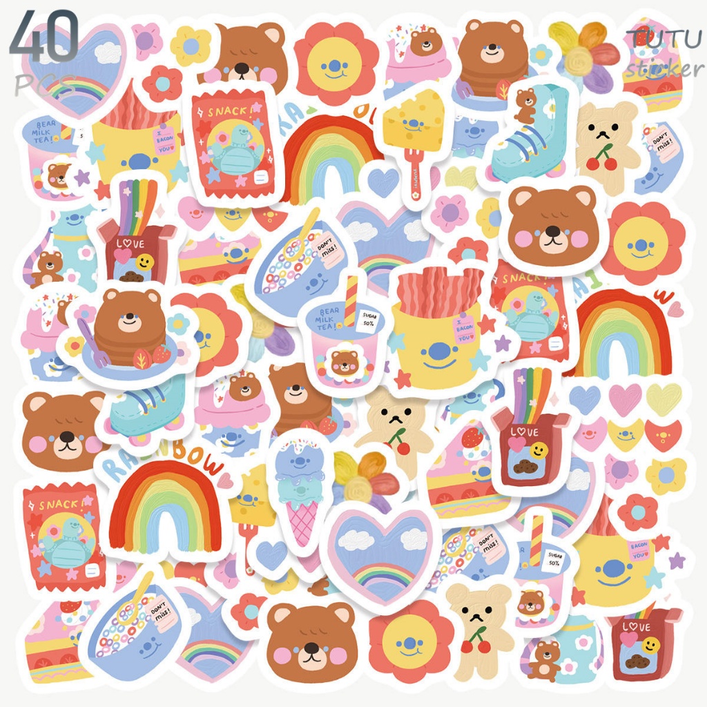 

40 Pcs Beruang Lucu, Pelangi, Makanan Penutup, Minuman Dan Stiker Pola Kartun Lainnya