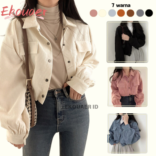 Ekouaer Retro Kolor Terbaru Jacket Crop Top Korean Style Corduroy Jaket Wanita Krem Hitam Pink