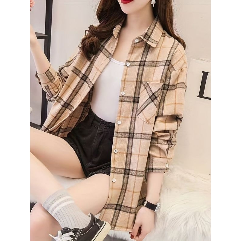 KEMEJA FLANEL WANITA  LENGAN PANJANG FLANEL MOTIF KOTAK TERPOPULER DISKON TERLARIS | MOTIF KOREA