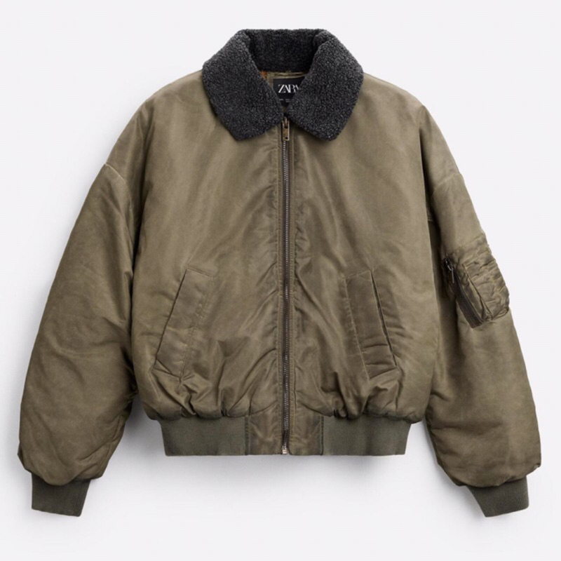 ZARA Men Bomber Jacket With Detachable Collar Jaket Pria Green