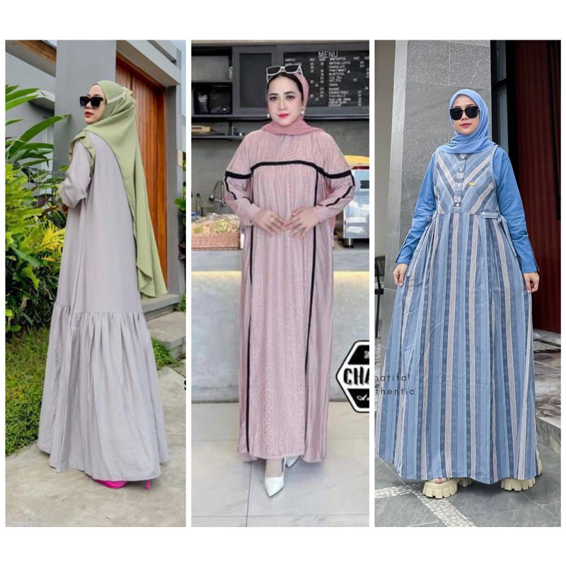 CHATIFA authentic | Gamis Rompi 2in1 Design kotak Bahan Catton Triset | Gamis NANDIRA, IBELA, KANZA