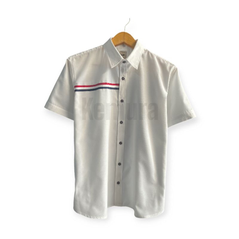 Kemeja pria putih BW greige casual lengan pendek bahan ripstok tebal