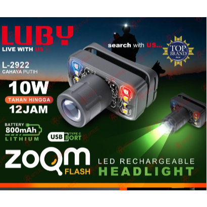 Senter Kepala Luby Zoom Flash LED 2922L 10Watt Cahaya Putih Tahan Hingga 12 jam Charging USB Type C