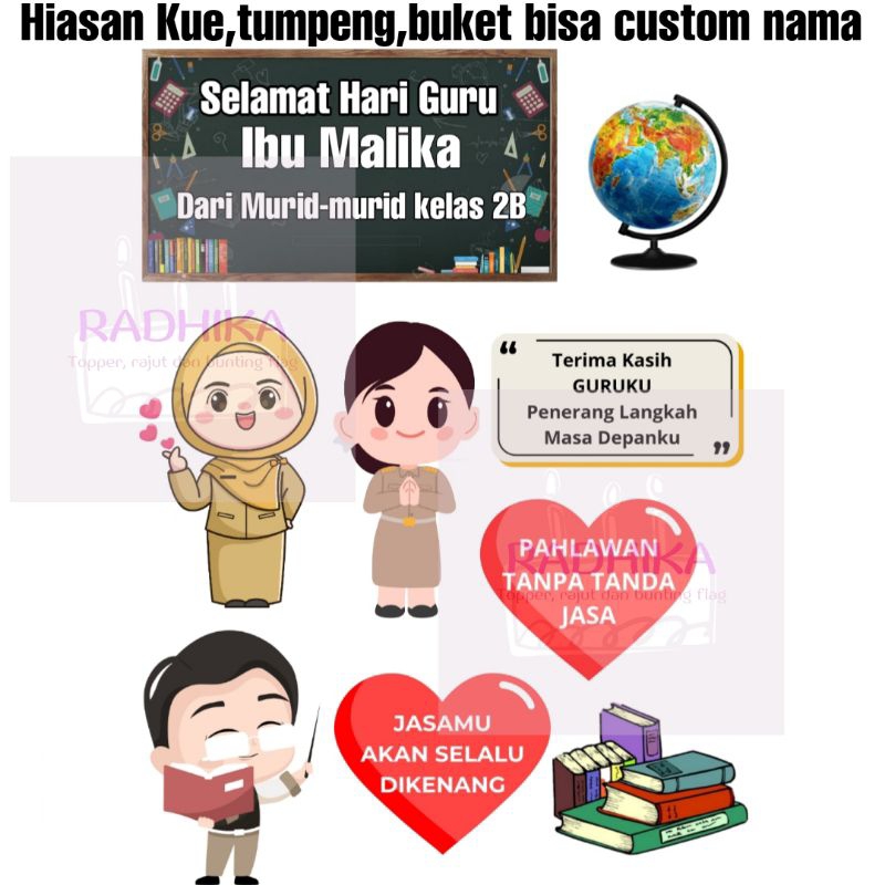 Topper Selamat Hari Guru Bisa custom nama hiasan kue tumpeng buket