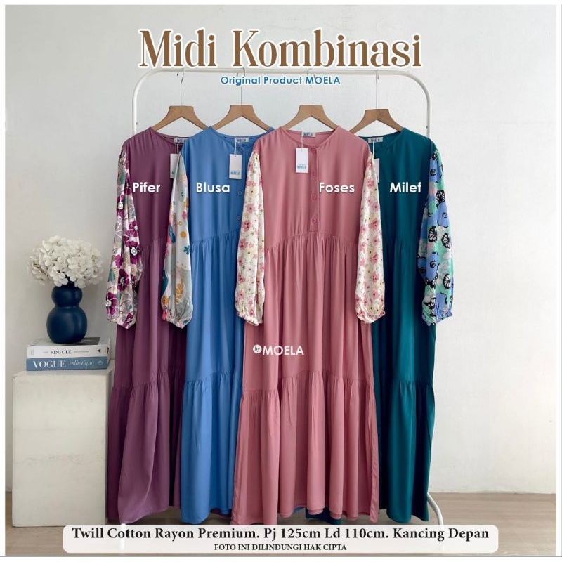 Dress Muslim Kombinasi Midi By Moela ( Bisa COD )