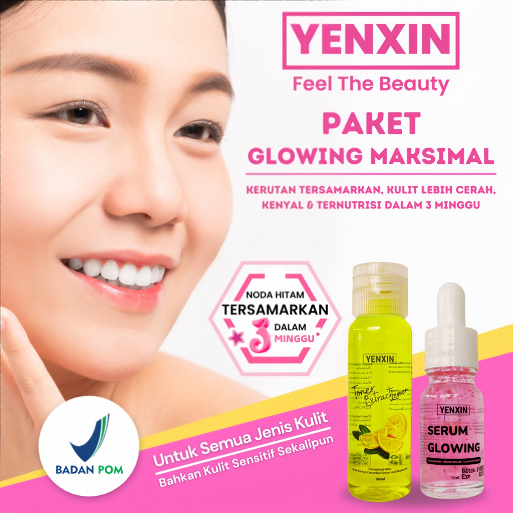 SEPAKET BIKIN MULUS MUKA TONER LEMON DAN SERUM GLOWING PINK BPOM Yenxin SKINCARE Paket Lengkap Basic