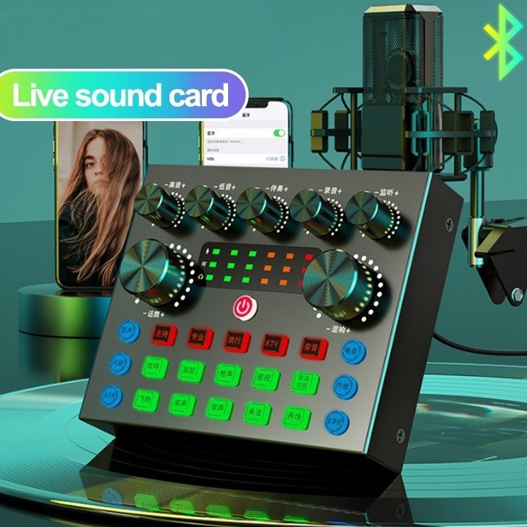 Flash Sale  SOUNDCARD FULL SET MIC V8S SOUND CARD LIVE SINGING EQUIPMENT AUDIO MIXER STREAMING BLUET