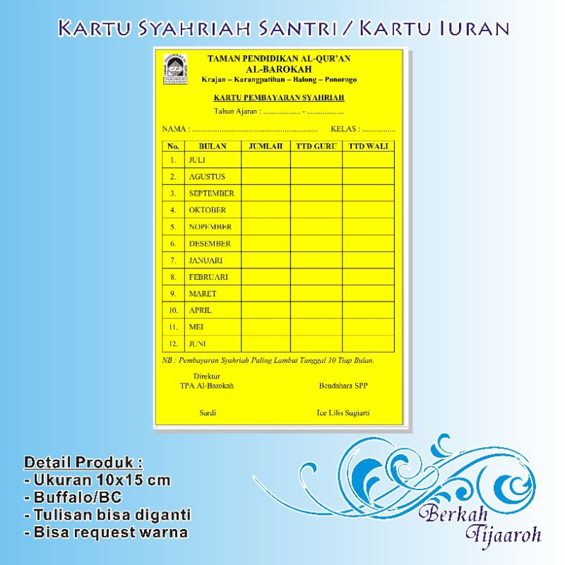 

KARTU SYAHRIAH SANTRI/IURAN SEKOLAH/IURAN BULANAN/IURAN KAS BUAT TPA/TPQ/MADIN/SD/SMP/SMA/DLL