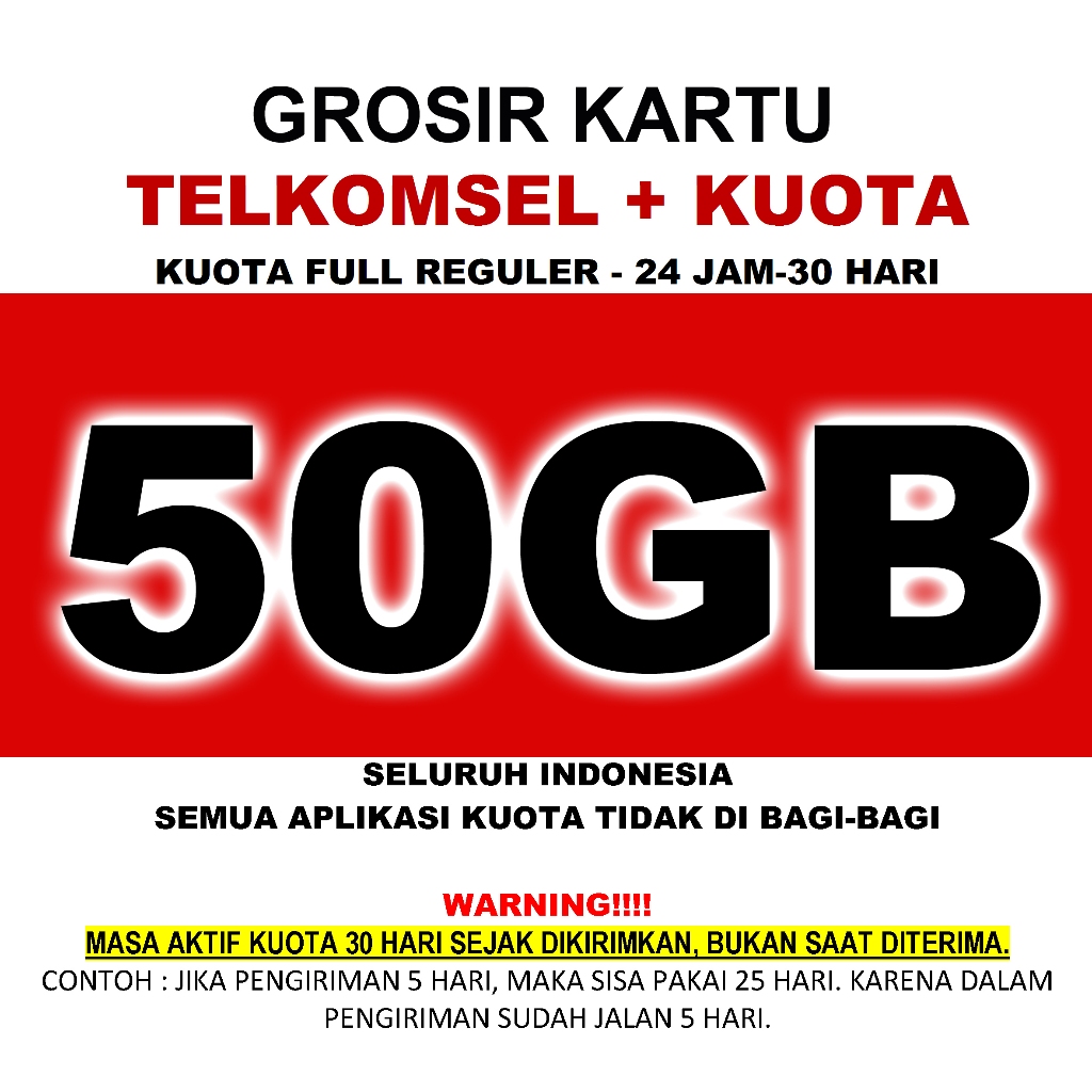 GROSIR 50GB Promo Kartu Telkomsel + Kuota 50GB Full 24 Jam Kuota Utama Reguler Seluruh Indonesia