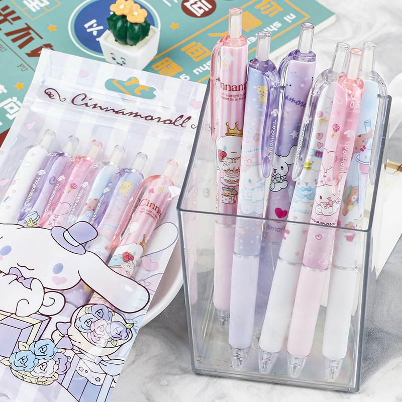 

6Pcs/Set pulpen gel mekanik 0.5mm hitam Ballpoint mekanik karakter cinnamom Pena Bolpen Bolpoin utk sekolah kantor anak