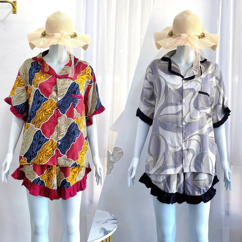 One Set Wanita Rayon Premium / LD 120cm Mix Motif & Polos Twill / Setelan Celana Pendek / Vivi Set