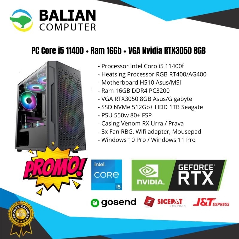 CPU Gaming/PC Desain Core i5 Gen 11 VGA RTX3050 8GB Ram 16GB SSD + HDD Windows 11
