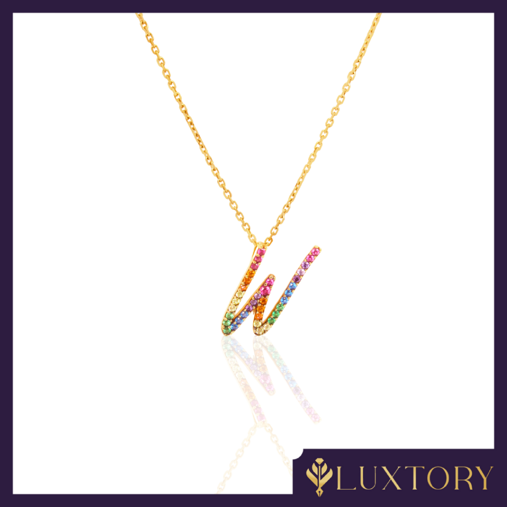 Kalung Kait Emas Huruf "W" Rainbow Permata 8K