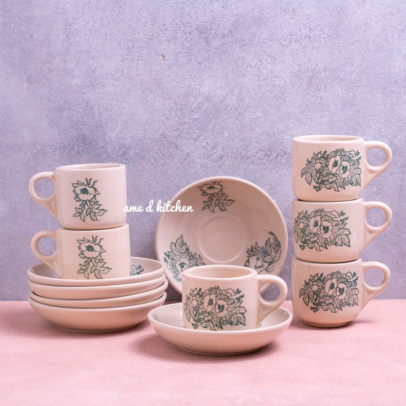 Cangkir lepek kopi keramik set 6+6 pcs/ Cangkir lepek kopitiam