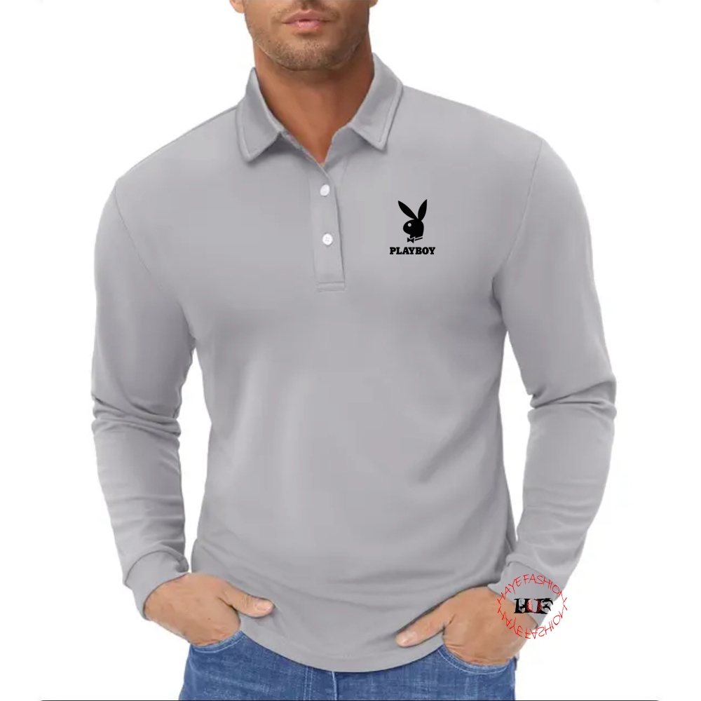 Haye Fashion - Shirt Unisex Polo Lengan Panjang Playboy Hitam Kaos Kerah Polo Seragam Baju Santai