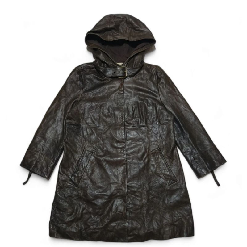 Jaket kulit wanita hoodie coat panjang kulit domba asli size fit S-M