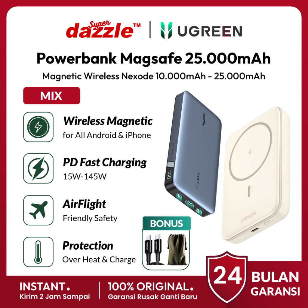 [ TERLARIS ] UGREEN Powerbank Magsafe Wireless Fast Charging Original 100% 25000mAh 20000Mah 10000Ma