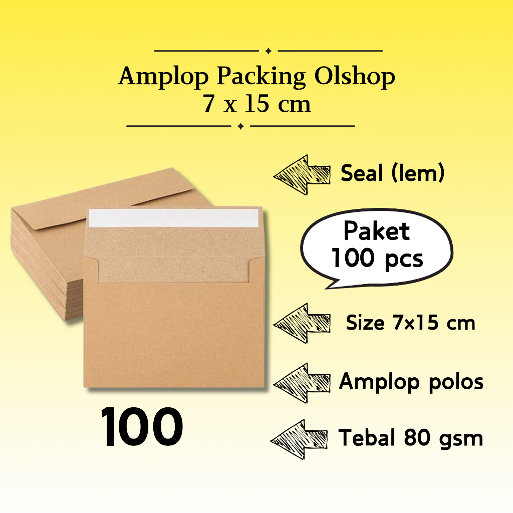 

100 Pcs Landscape - Amplop Packaging Kraft Potrait Amplop Klasik Coklat Polos Seal (Pakai Lem) 7 x 15 cm
