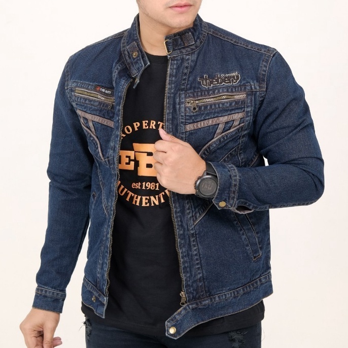 KODE I69H Jaket Jeans Jumbo Pria Logo Kulit THE BERY BERNAZ  Jaket Denim Cowok BIG Size M L XL XXL X