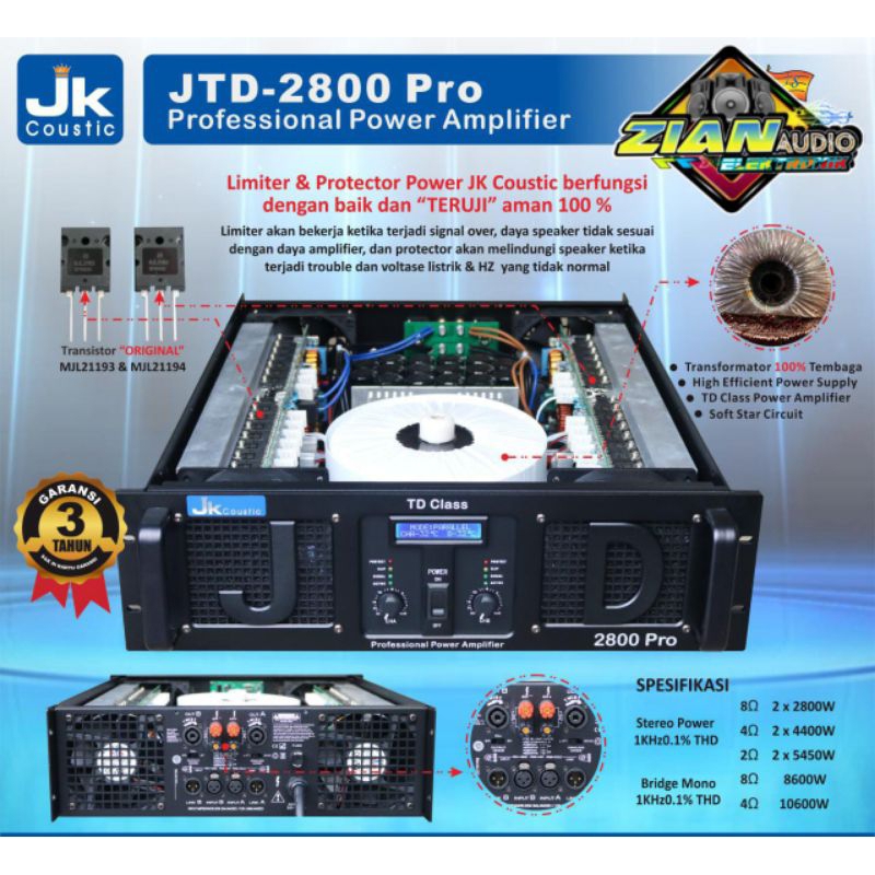 Power Amplifier JK Coustic JTD 2800 PRO Original 2×2800watt class TD
