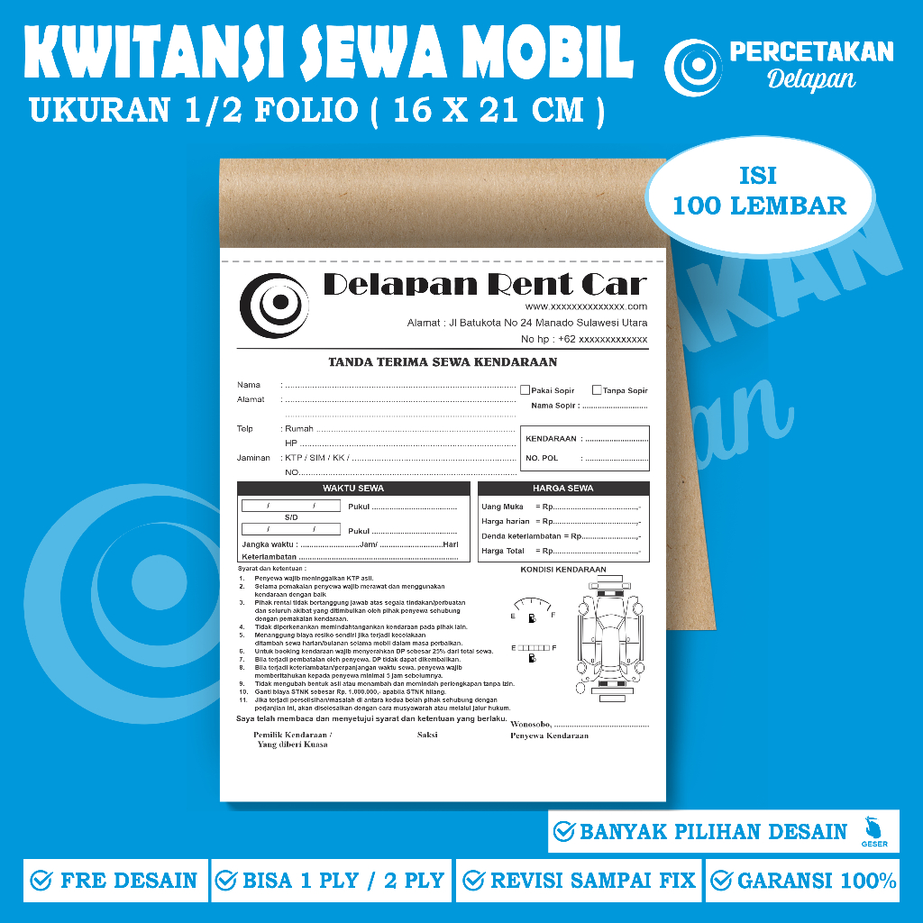 Cetak kwitansi rental mobil - perjanjian sewa mobil 2 ply