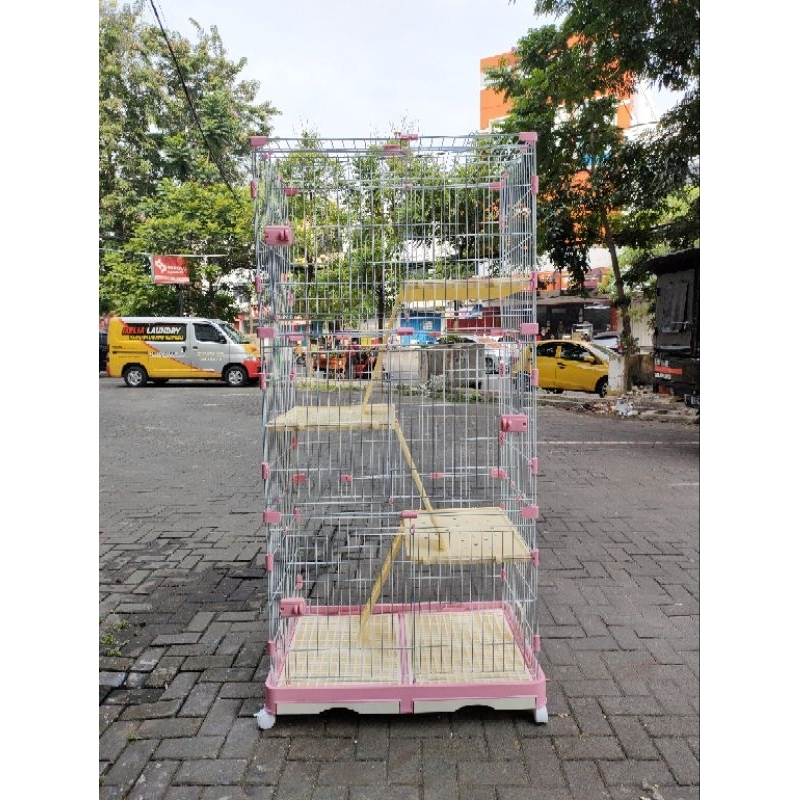 KANDANG KUCING TINGKAT 3 LUCU/KANDANG LIPAT ,BESI LEBIH TEBAL DAN KUAT/KANDANG KUCING RODA BERPUTAR