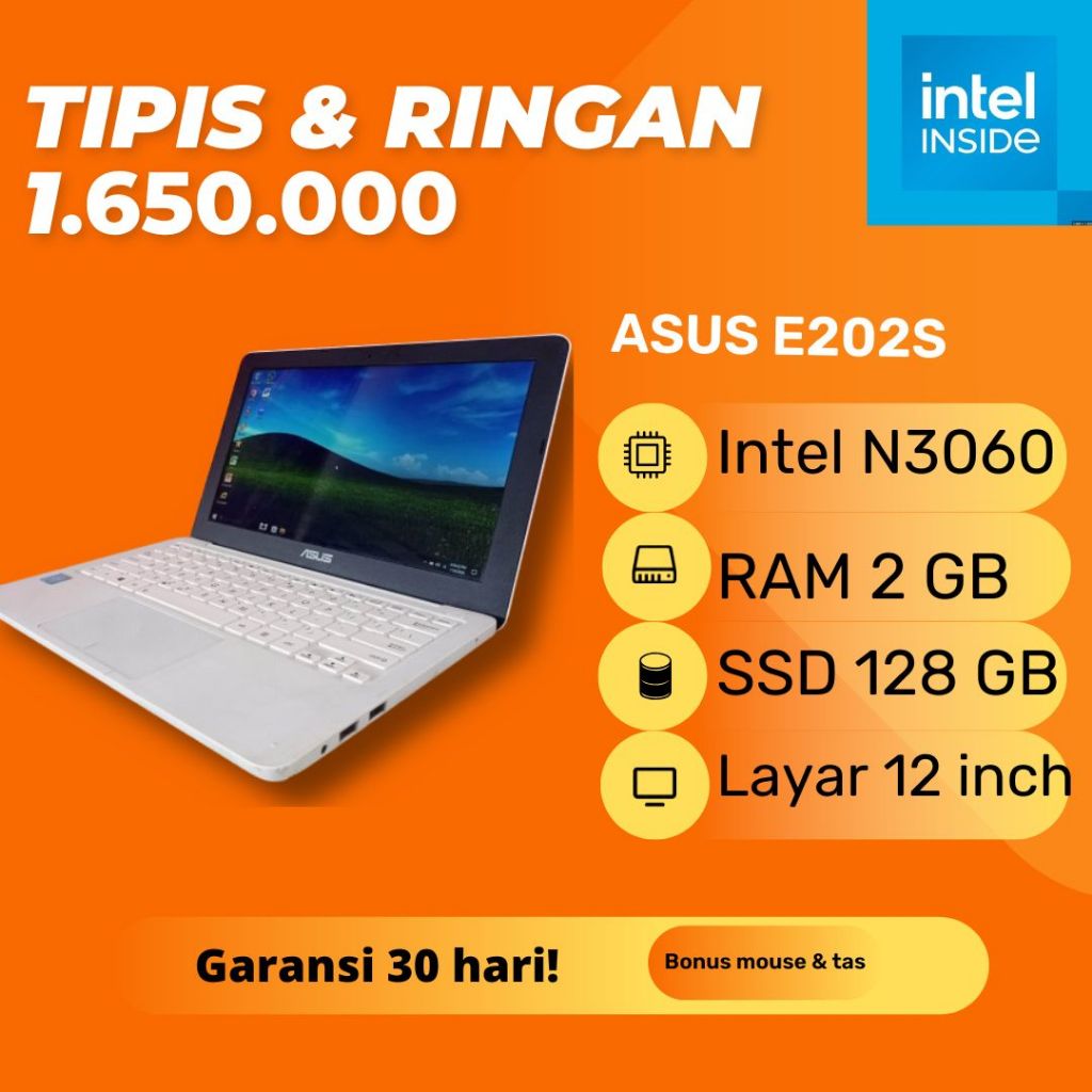 Asus E202S White Putih SSD 120GB Windows 10 Slim Tipis Netbook Notebook Second Bekas RAM 2GB Intel C