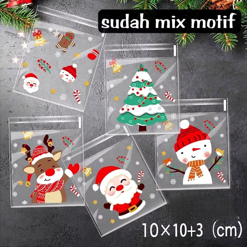

( 100 pcs ) Plastik Cookies Natal Christmas Opp Plastik Sudah Ada Perekat 10x10cm