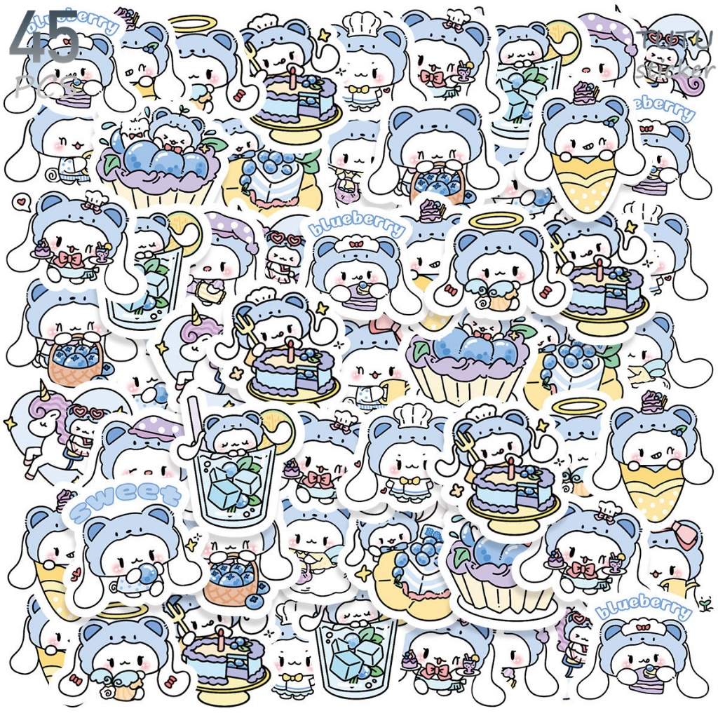 45 Pcs Anak Anjing Bertelinga Panjang Kartun Lucu Dengan Blueberry, Gaya Sanrio, Stiker Warna-warni