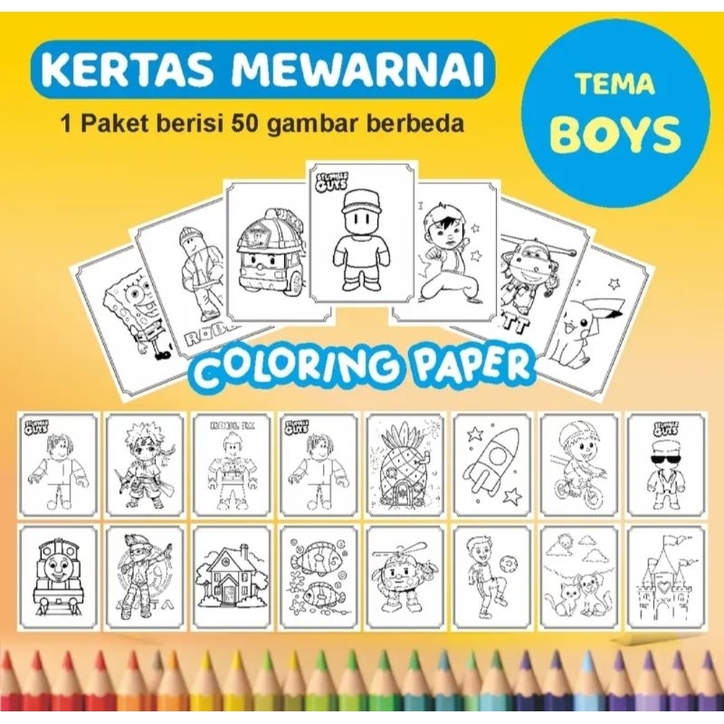 

50 LEMBAR KERTAS MEWARNAI ANAK A5 TEBAL 80gsm (TERMURAH) 99+ VARIASI, KERTAS HVS 80gsm