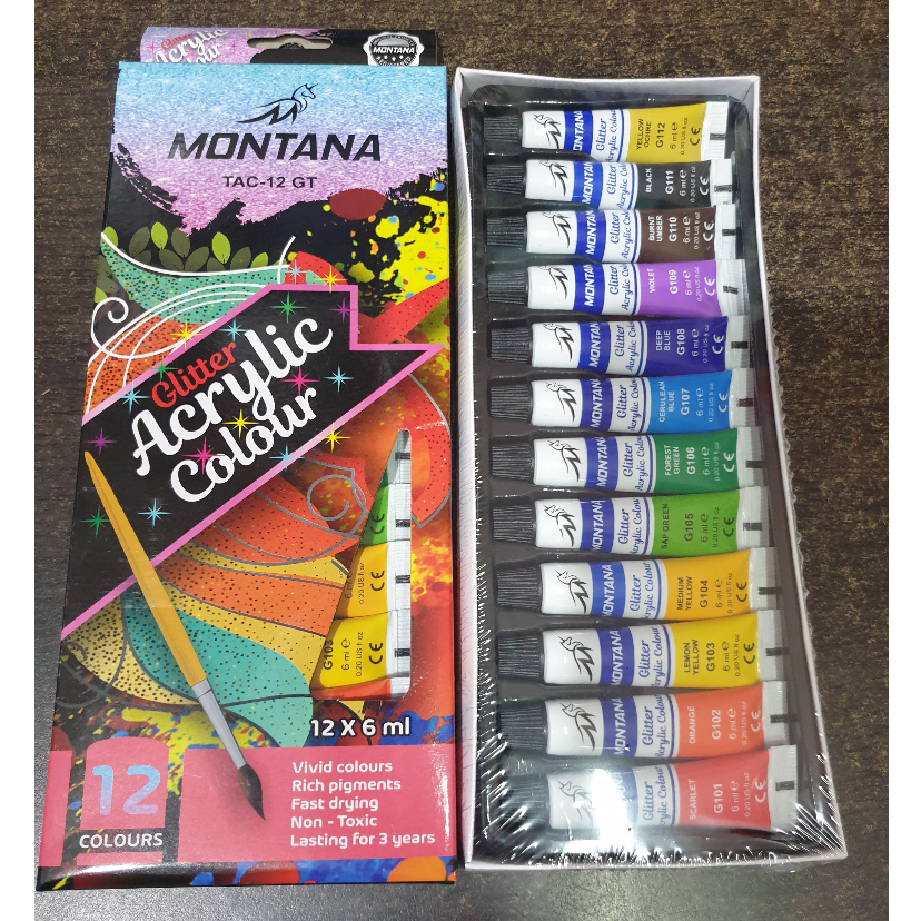 

MONTANA Acrylic GLITTER 12 Warna Cat Akrilik Montana Set Paint 6 ml TAC-12 GT