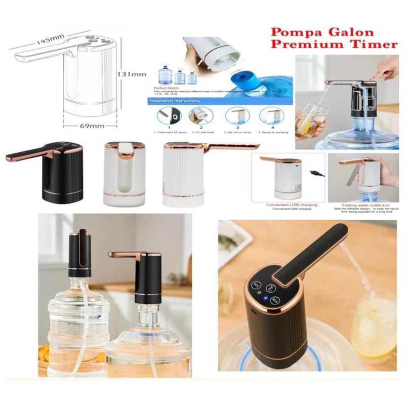 Pompa Galon Premium Lipat 3 Tombol Pompa AIr Dispenser Elektrik Timer USB Charger