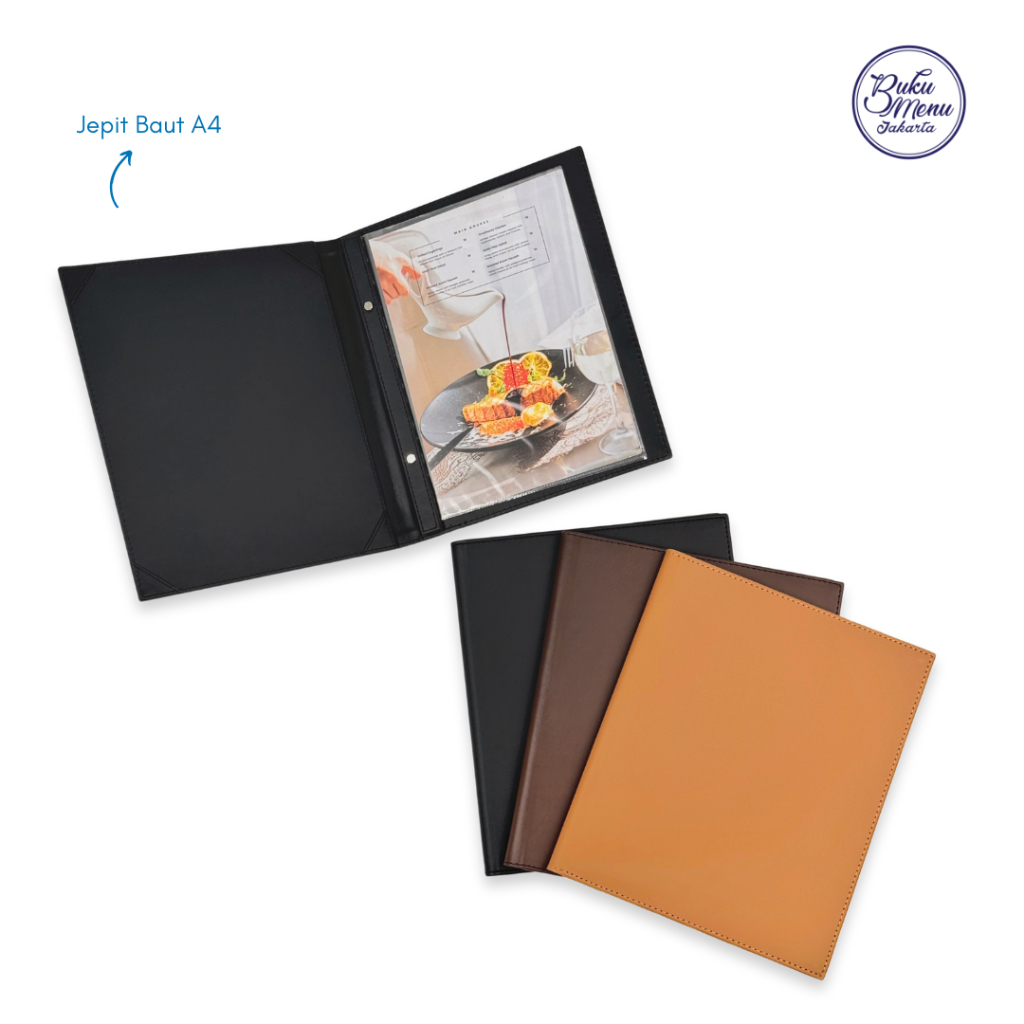 

HJK Buku Menu Jakarta - Buku Menu Kulit Jepit Baut Isi Plastik A4 & 15x30cm Hitam, Coklat Muda,