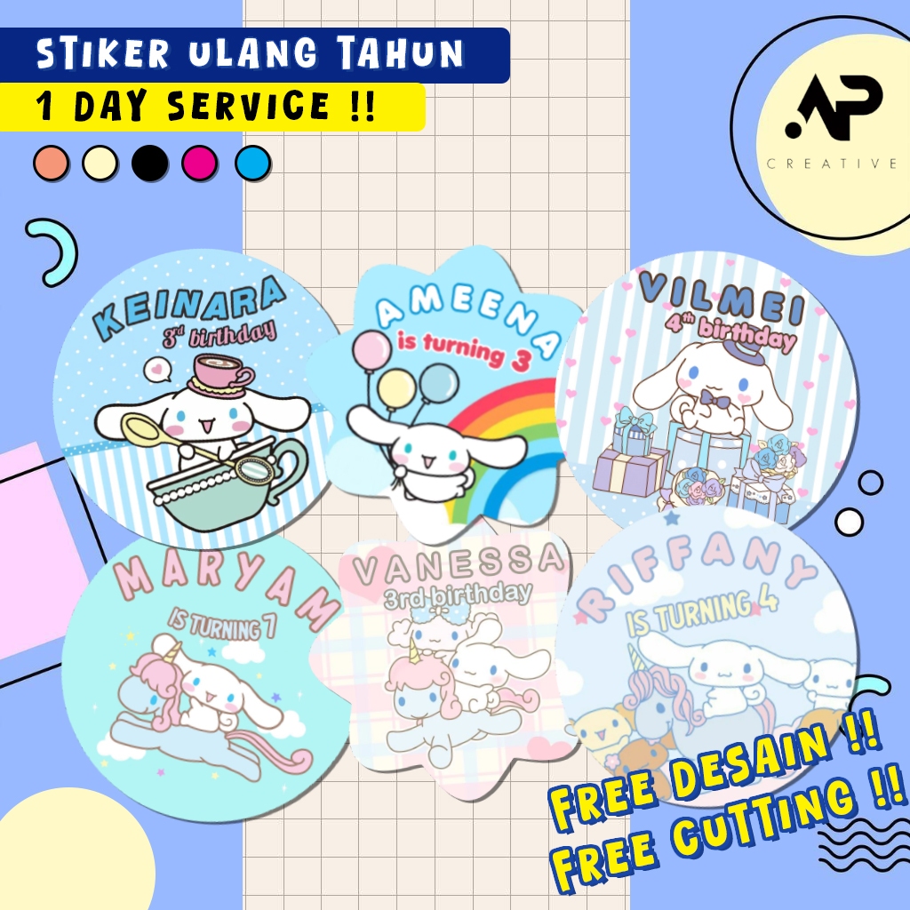 Stiker Ulang Tahun CINAMOROLL EDITION | Stiker Label Ulang Tahun Anak CUSTOM NAMA | Stiker Ultah Ana