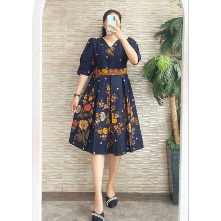 ART S7U DRESS BATIK PREMIUM PESTA LENGAN BALON DRESS BATIK TERBARU LENGAN PENDEK BALON DRESS BATIK M