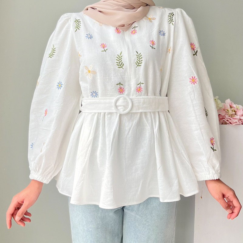 Wisteria Blouse • edmee • Blouse wanita Peplum Bordir Floral