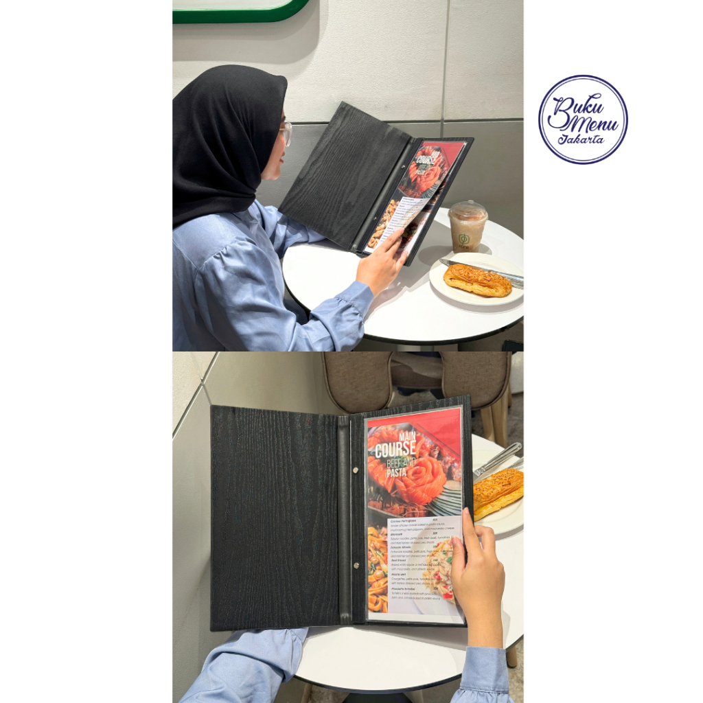 

HJK Buku Menu Jakarta - Buku Menu Kayu Vinyl Jepit Baut Isi Plastik Mika A4 dan 15x30 Hitam, Coklat