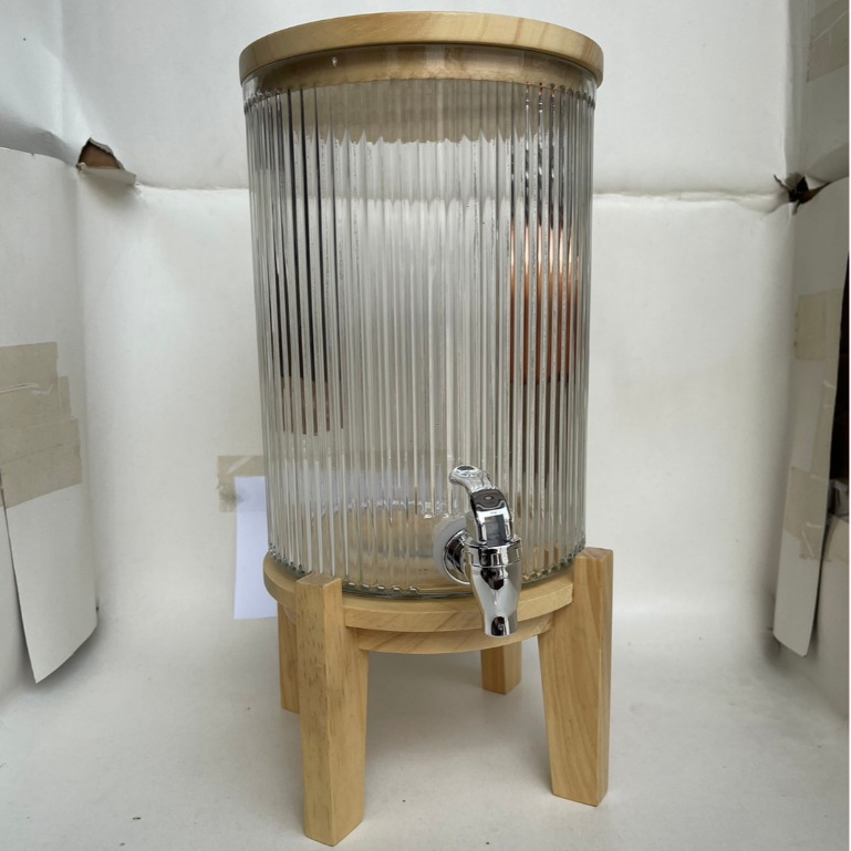 Galon / dispenser kaca estetik Cranberry 5 liter tutup kayu + kaki kayu