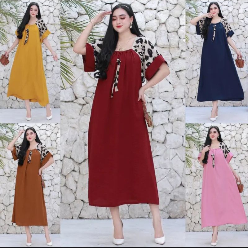 Daster Wanita Fuji Leopard Busui Arab LD 115cm Dres Model Kekinian depan kerut belakang tali silang