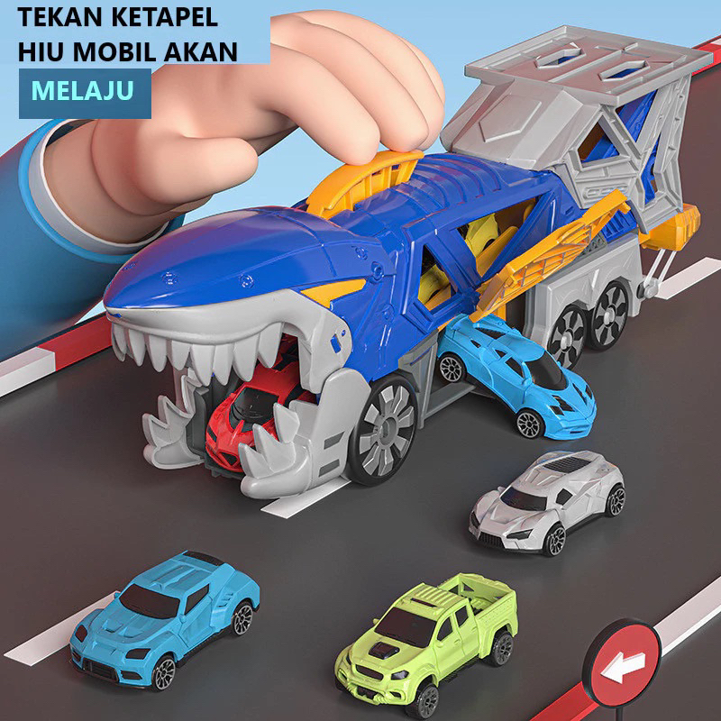 Mainan Anak Track Mobil Ikan Hiu Catapult Shark Diecast Container Truck Meluncur Kado Premium