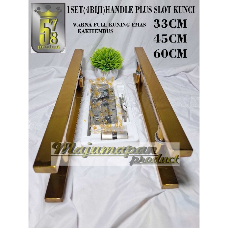 1set(4biji)plus kunci handle pintu rumah minimalis motif kaki tembus full kuning emas 33cm 45cm 60cm
