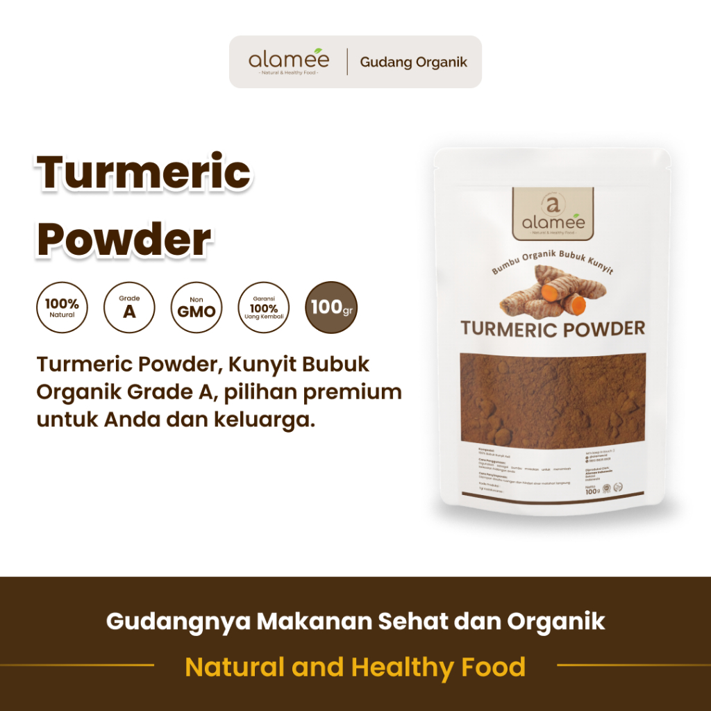 

alamee bumbu organik kunyit 100 gram yang 100 persen organik dan tanpa bahan tambahan herbal alami