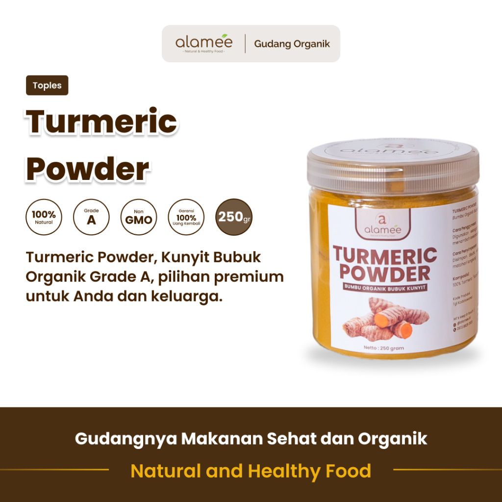 

alamee bumbu organik kunyit toples dengan warna cerah dan rempah alami menawarkan sumber antioksidan