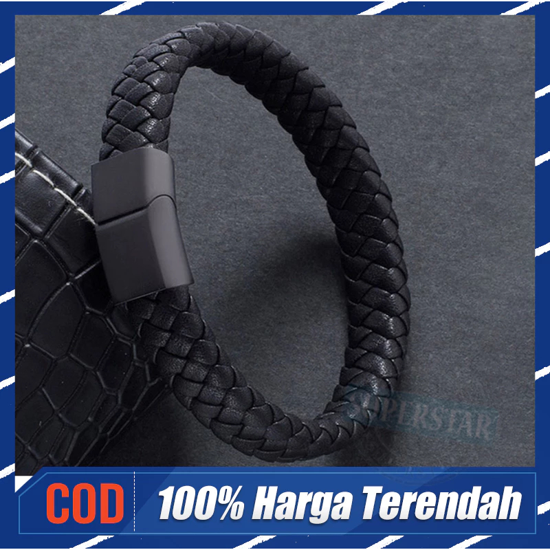 Hitam Gelang Perhiasan Pria Gelang Kulit Kepang Buatan Tangan, Gelang Hadiah Gesper Magnetik Besi